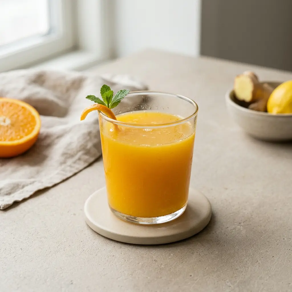Ett glas färskpressad juice serverat kallt och fräscht med enkel garnering