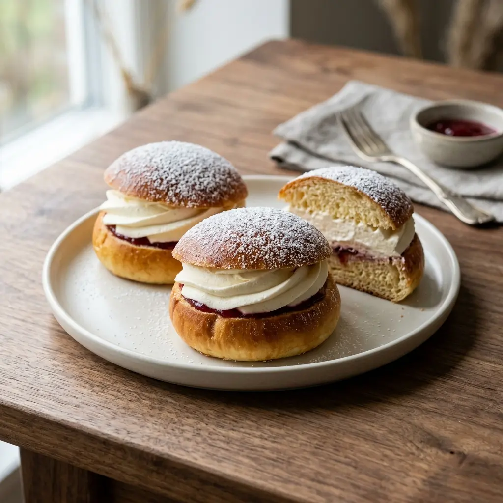 Nybakad fastlagsbullar med grädde serverad och klar att njuta av