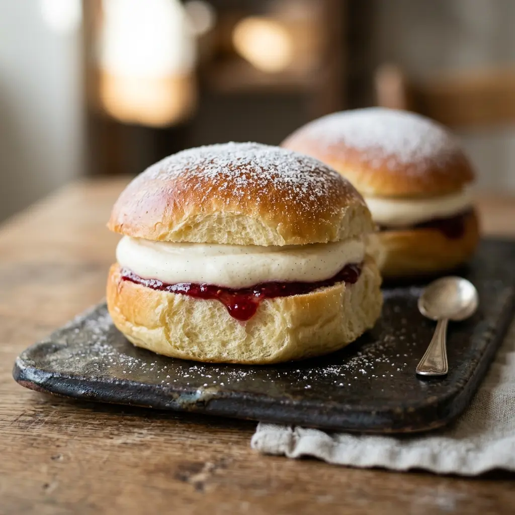 Nybakad fastlagsbullar serverad och klar att njuta av