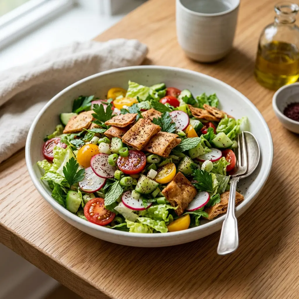 Nylagad fattoush serverad på ett aptitligt och hemlagat sätt