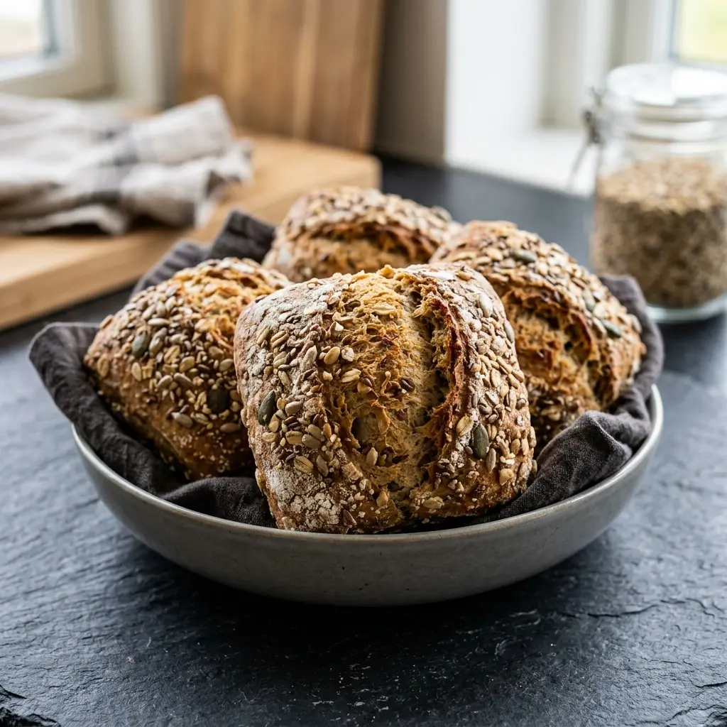 Nybakad femkornsbullar serverad och klar att njuta av