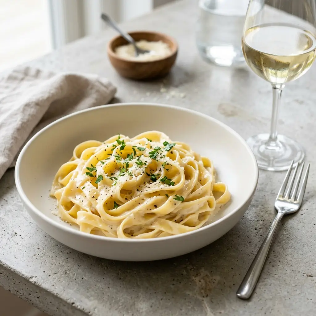 Nylagad fettuccine Alfredo serverad på ett aptitligt och hemlagat sätt