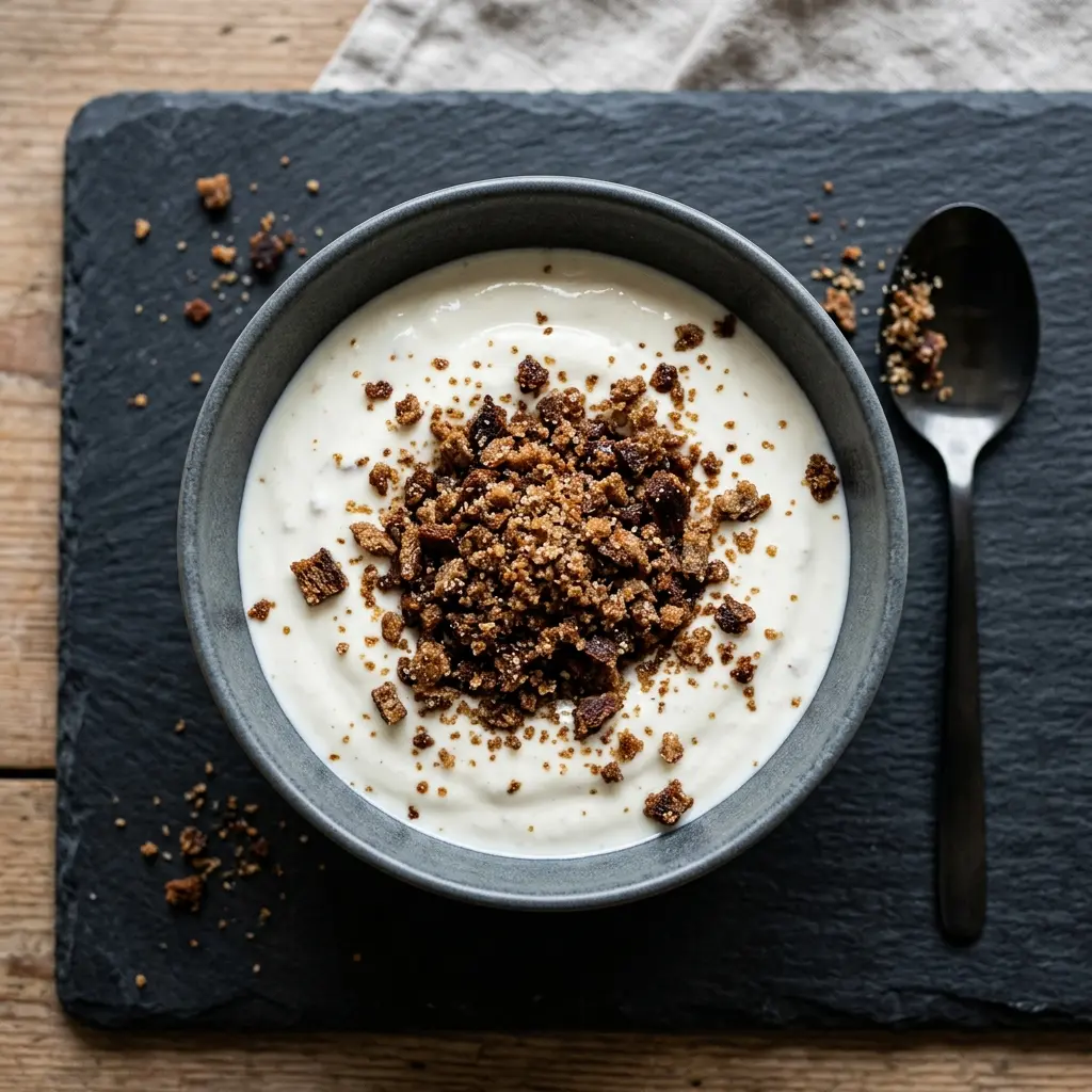 Filmjölk med müsli serverad i skål som enkel frukost med krispig müsli på toppen