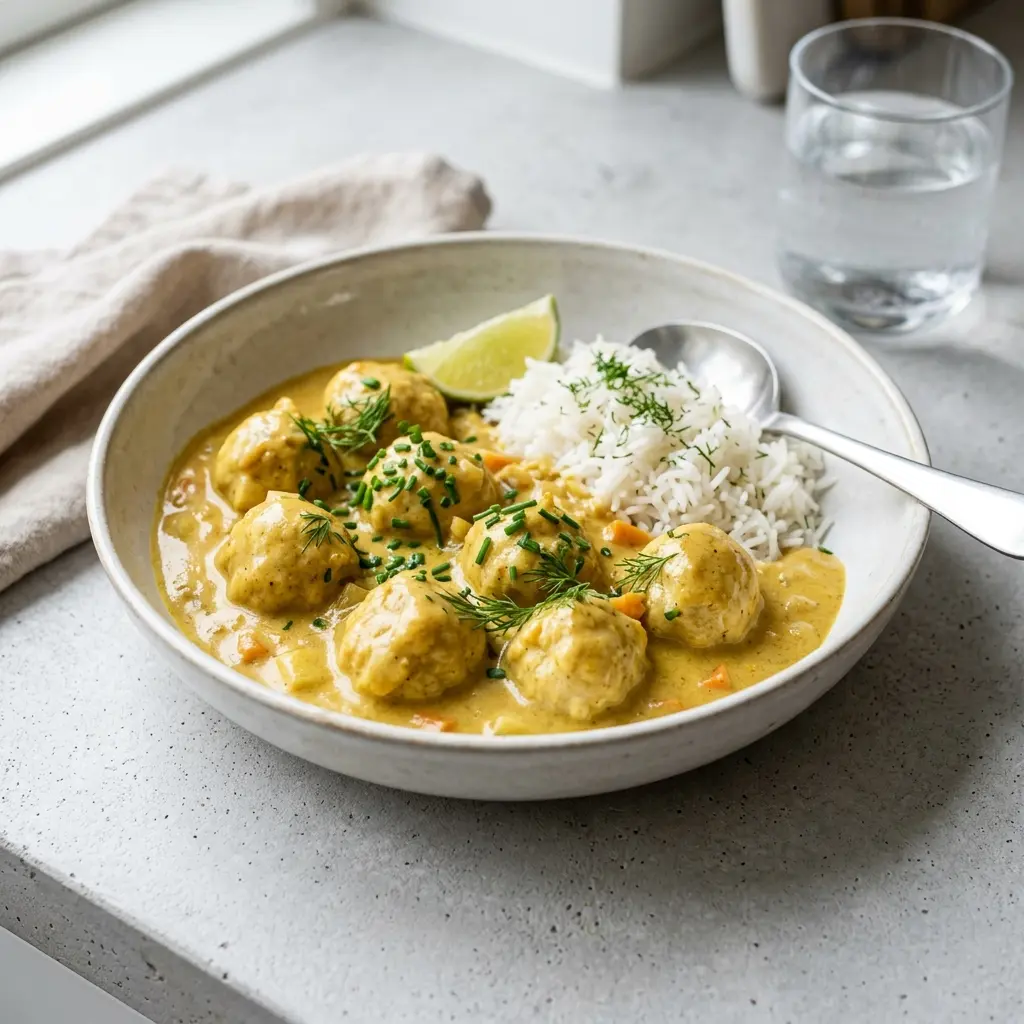 Nybakad fiskbullar i curry serverad och klar att njuta av