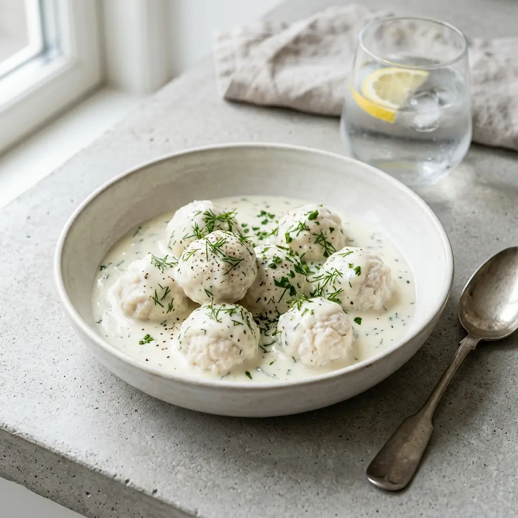 En skål med fiskbullar i vit sås klar att servera som smakrikt tillbehör
