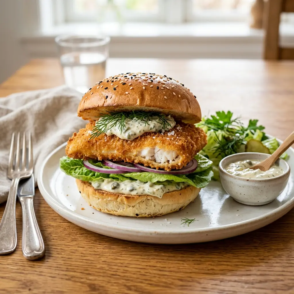 Nylagad fiskburgare med rödspätta serverad på ett aptitligt och hemlagat sätt