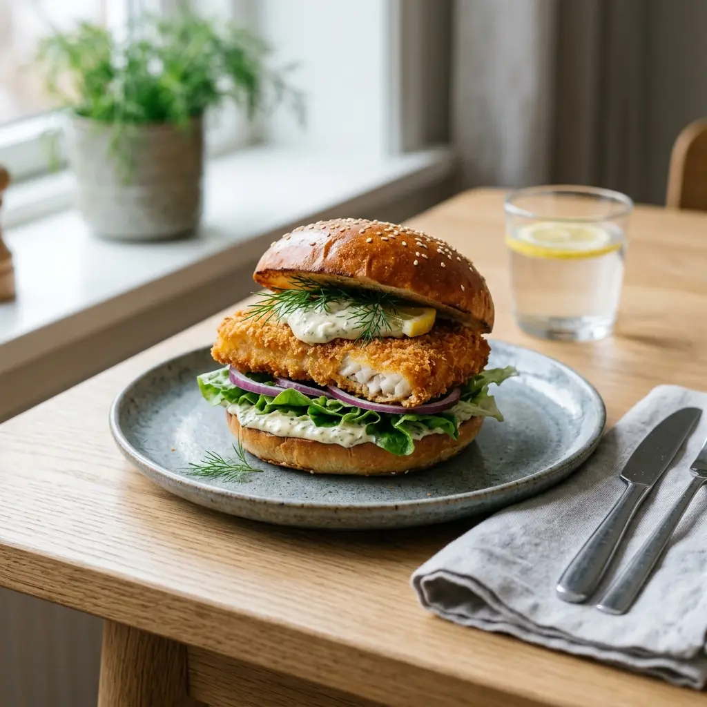 Nylagad fiskburgare serverad på ett aptitligt och hemlagat sätt