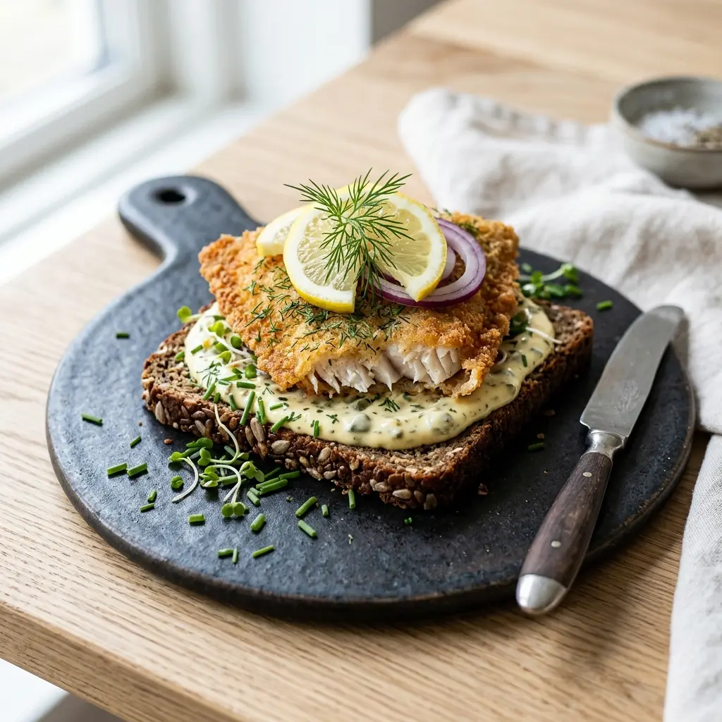 Nybakad fiskfilé på rågbröd serverad och klar att njuta av