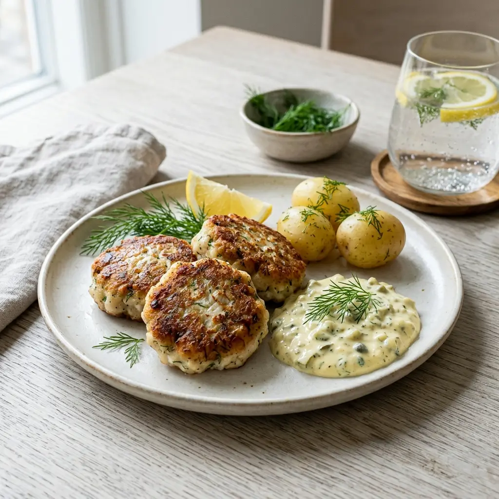 Nylagad fiskfrikadeller på rödspätta serverad på ett aptitligt och hemlagat sätt