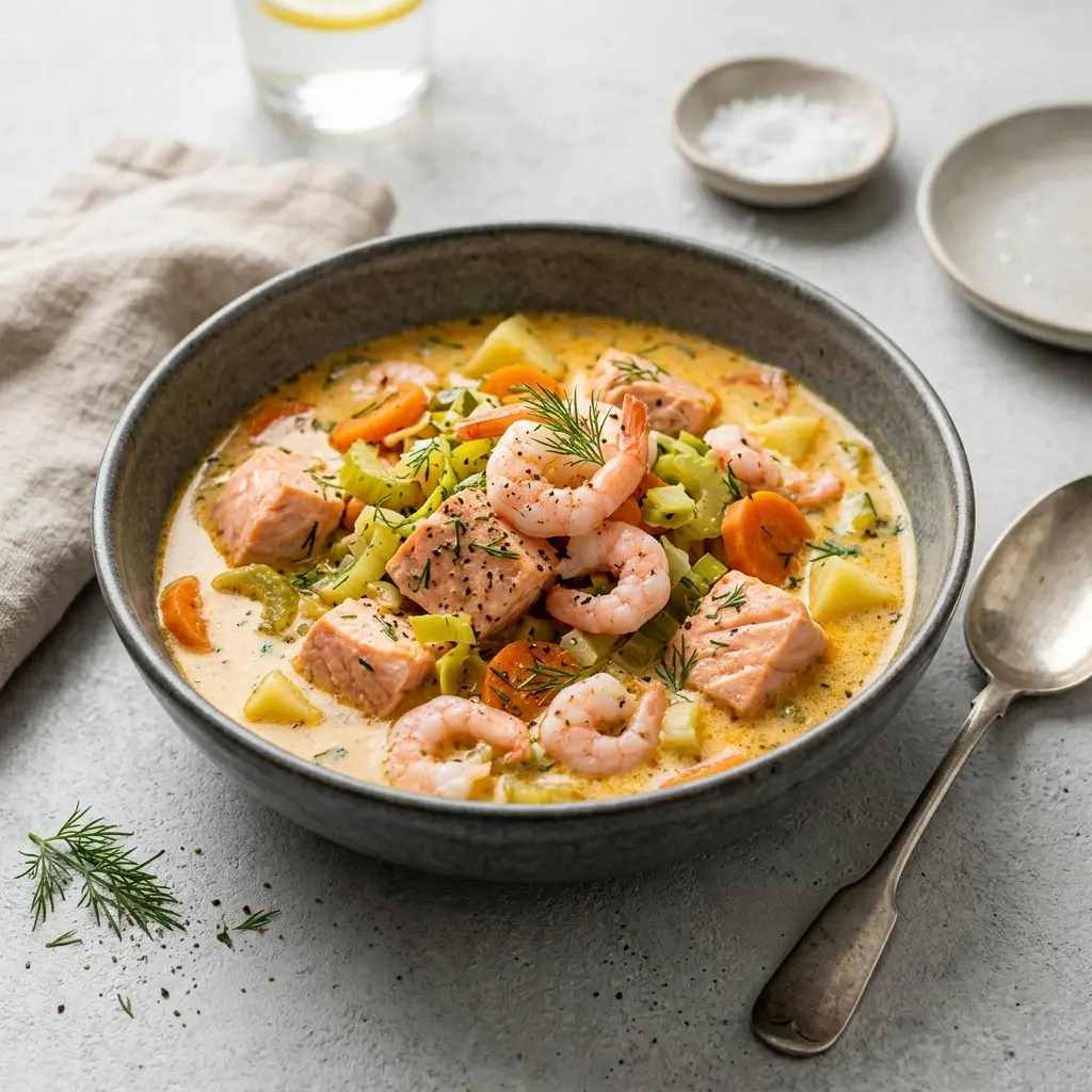 Nylagad fiskgryta med lax och räkor serverad på ett aptitligt och hemlagat sätt