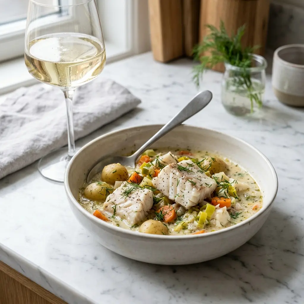 Nylagad fiskgryta med plattfisk serverad på ett aptitligt och hemlagat sätt