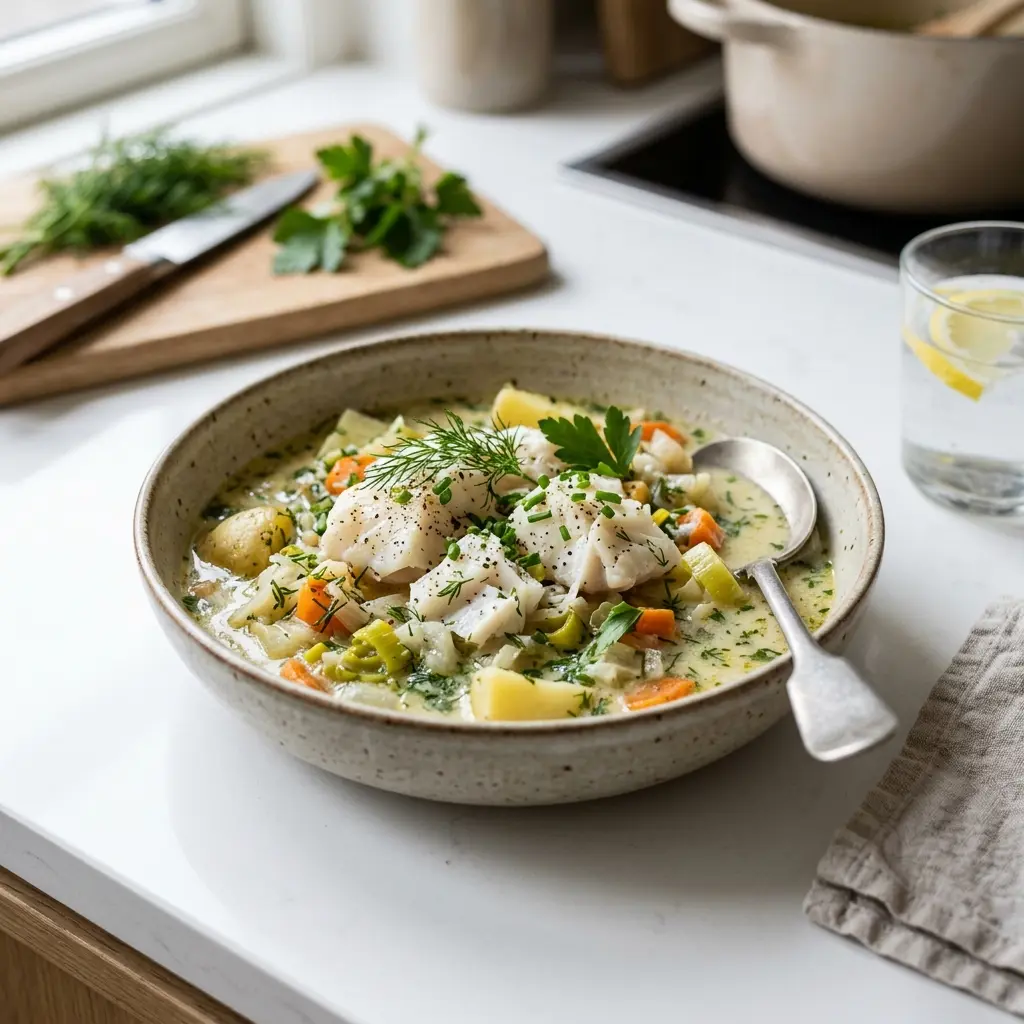 Ett glas fiskgryta med torsk och örter serverat kallt och fräscht med enkel garnering