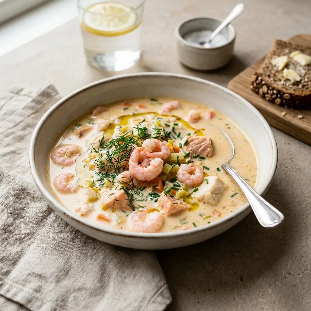 En varm skål fisksoppa med räkor serverad med ett inbjudande och hemlagat uttryck