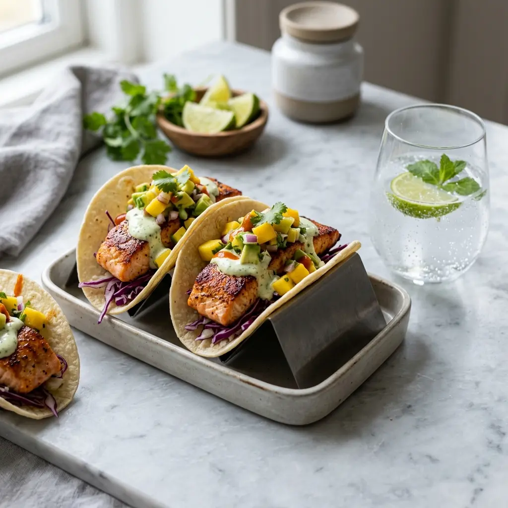 Nylagad fisktacos med lax serverad på ett aptitligt och hemlagat sätt