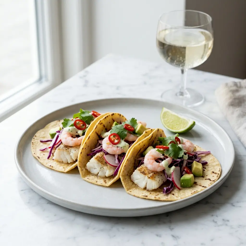 Nylagad fisktacos med räkor serverad på ett aptitligt och hemlagat sätt