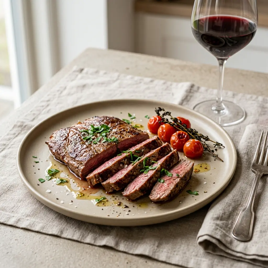 Ett glas flankstek i stekpanna serverat kallt och fräscht med enkel garnering