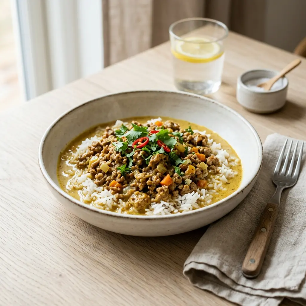 Nylagad fläskfärs i curry serverad på ett aptitligt och hemlagat sätt