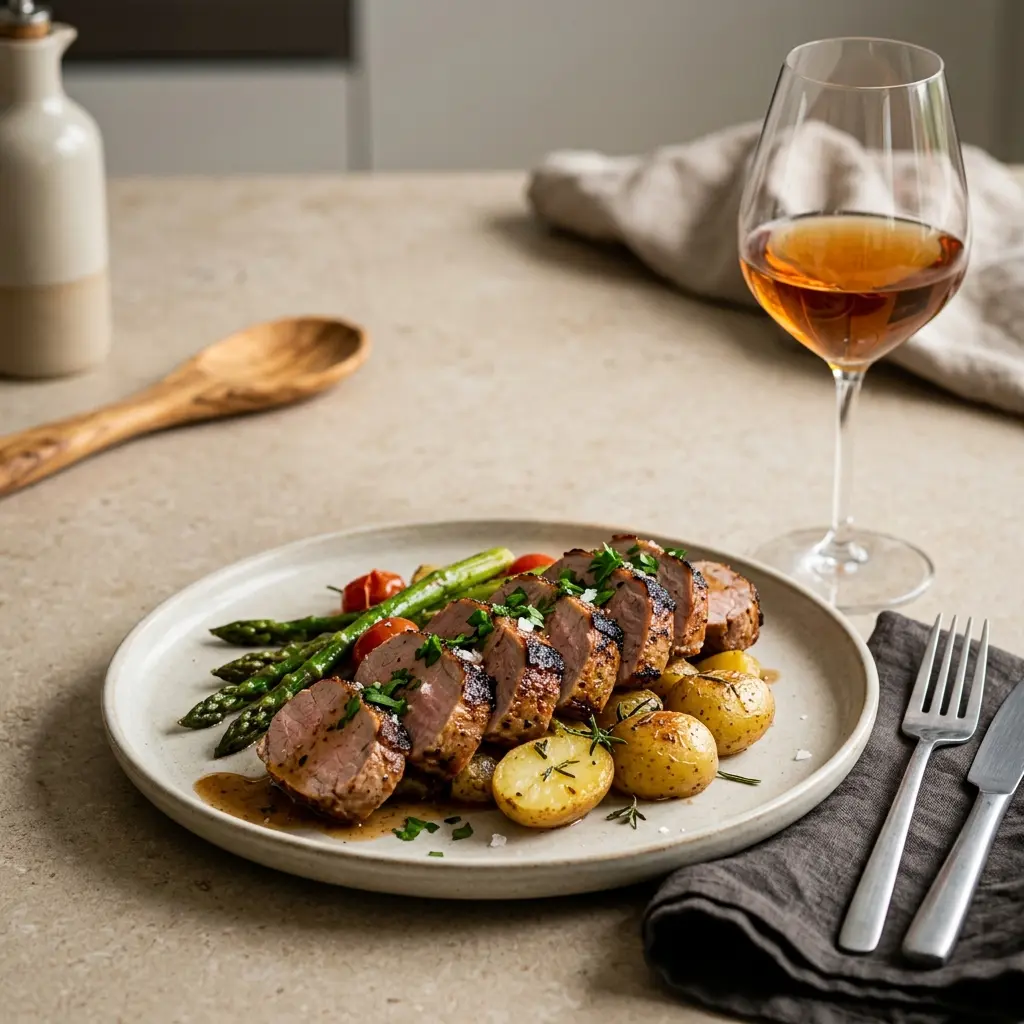 Ett glas fläskfilé i stekpanna serverat kallt och fräscht med enkel garnering
