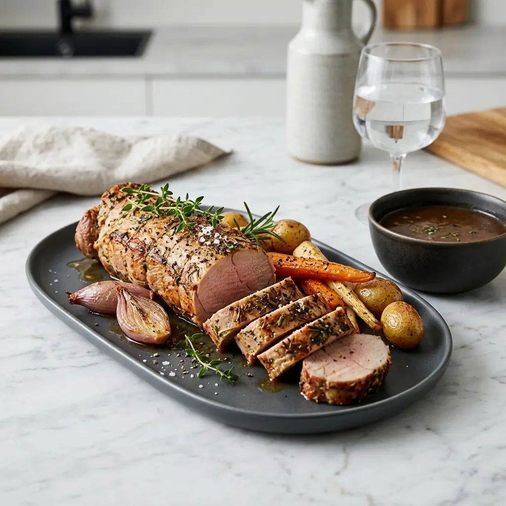 Nylagad fläskfilé i ugn serverad på ett aptitligt och hemlagat sätt