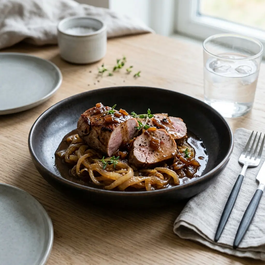 Ett glas fläskfilé med mjukstekt lök och skysås serverat kallt och fräscht med enkel garnering