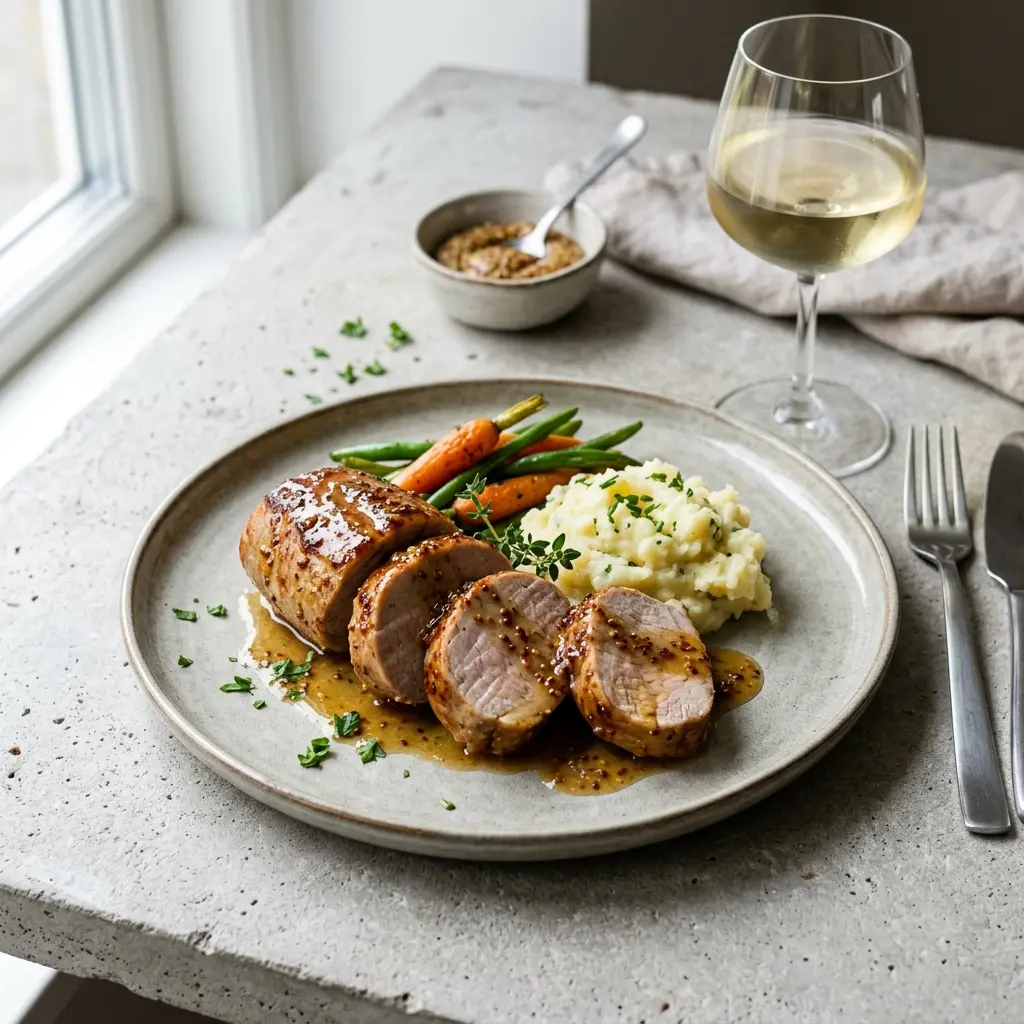 Nylagad fläskfilé med senap och honung serverad på ett aptitligt och hemlagat sätt