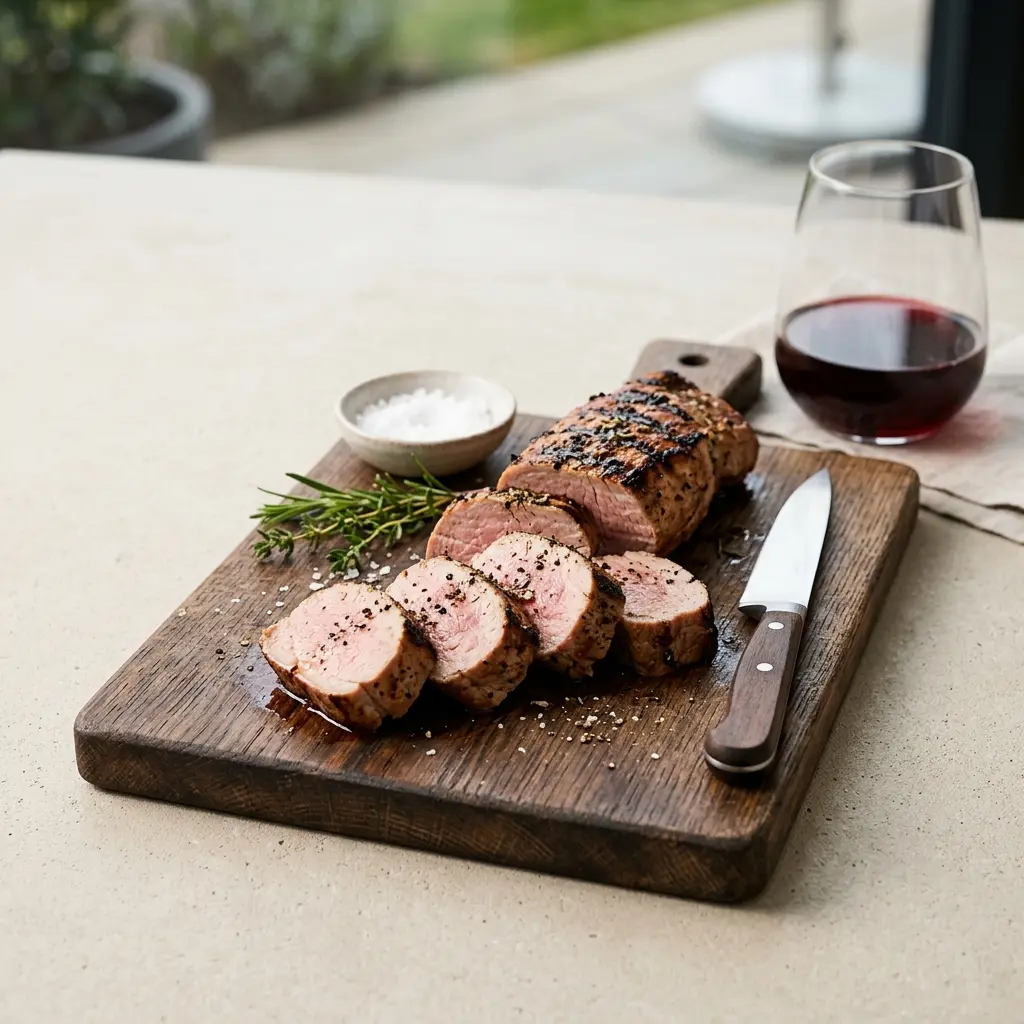 Nylagad fläskfilé på grillen serverad på ett aptitligt och hemlagat sätt