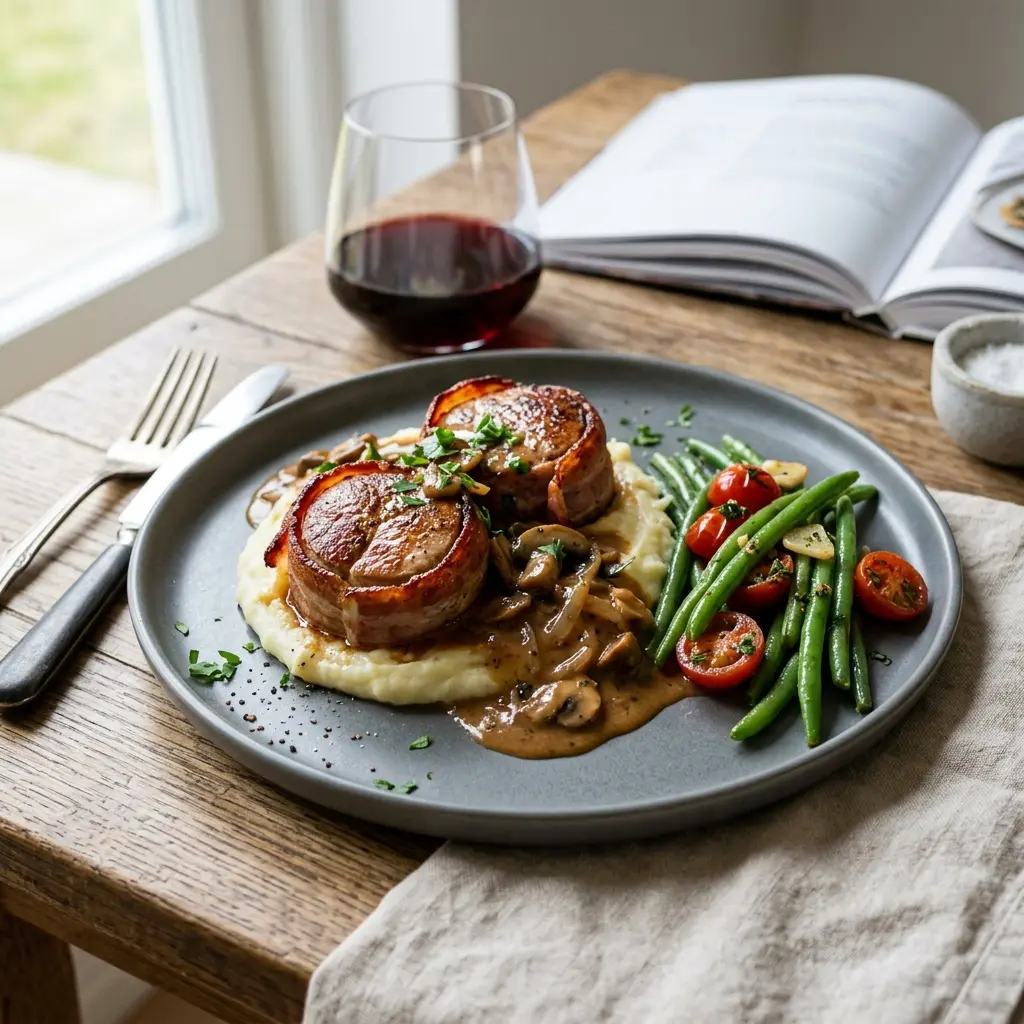 Nylagad fläskfilébiffar med bacon serverad på ett aptitligt och hemlagat sätt