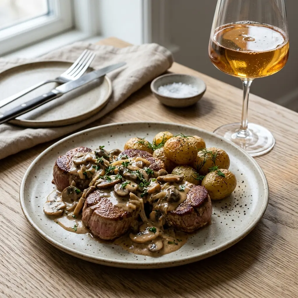 Nylagad fläskfilébiffar med champinjoner serverad på ett aptitligt och hemlagat sätt