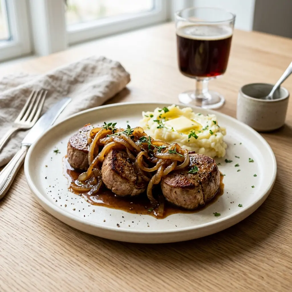 Ett glas fläskfilébiffar med mjukstekt lök serverat kallt och fräscht med enkel garnering