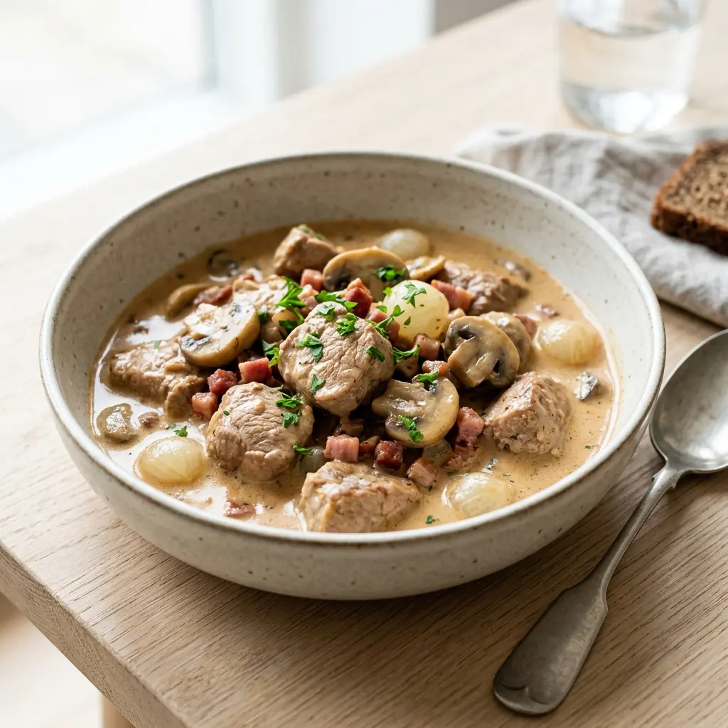 Nylagad fläskfilégryta med grädde serverad på ett aptitligt och hemlagat sätt
