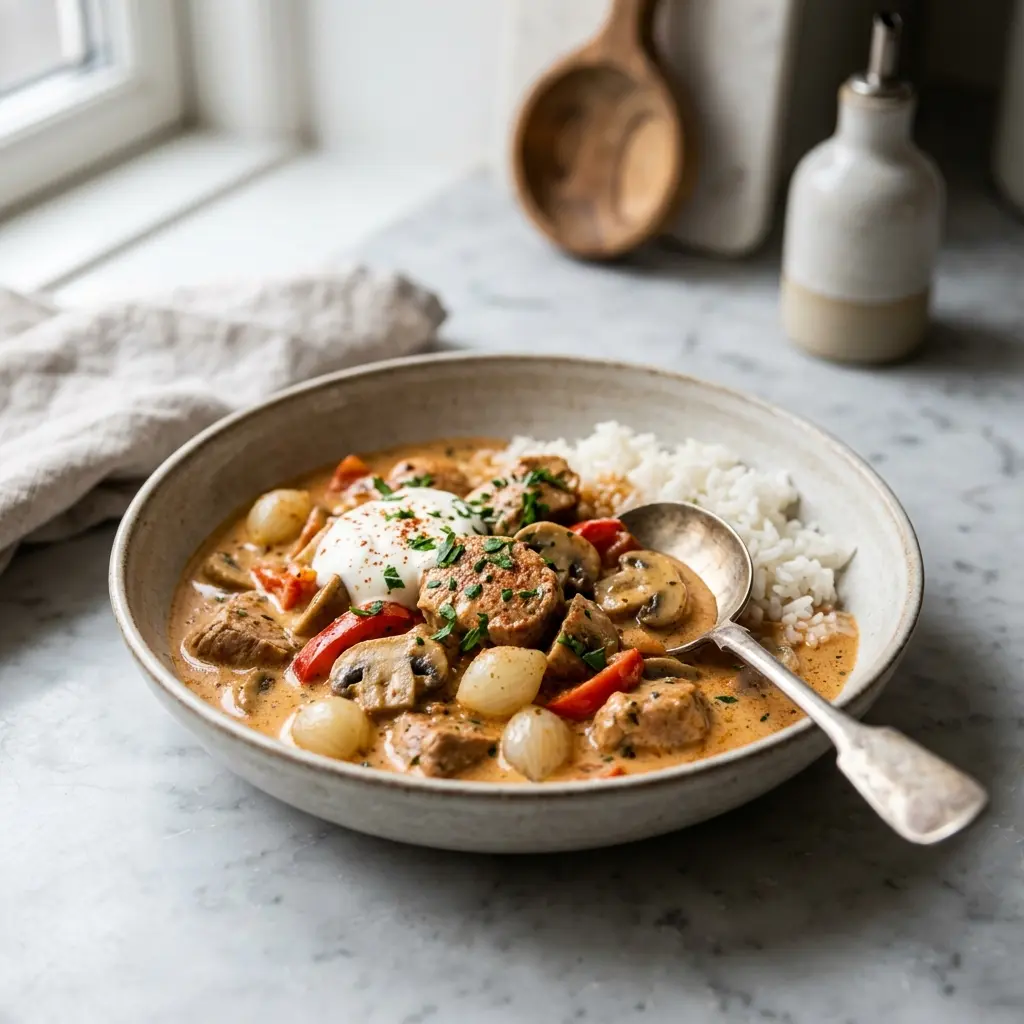 Nylagad fläskfilégryta med paprika serverad på ett aptitligt och hemlagat sätt