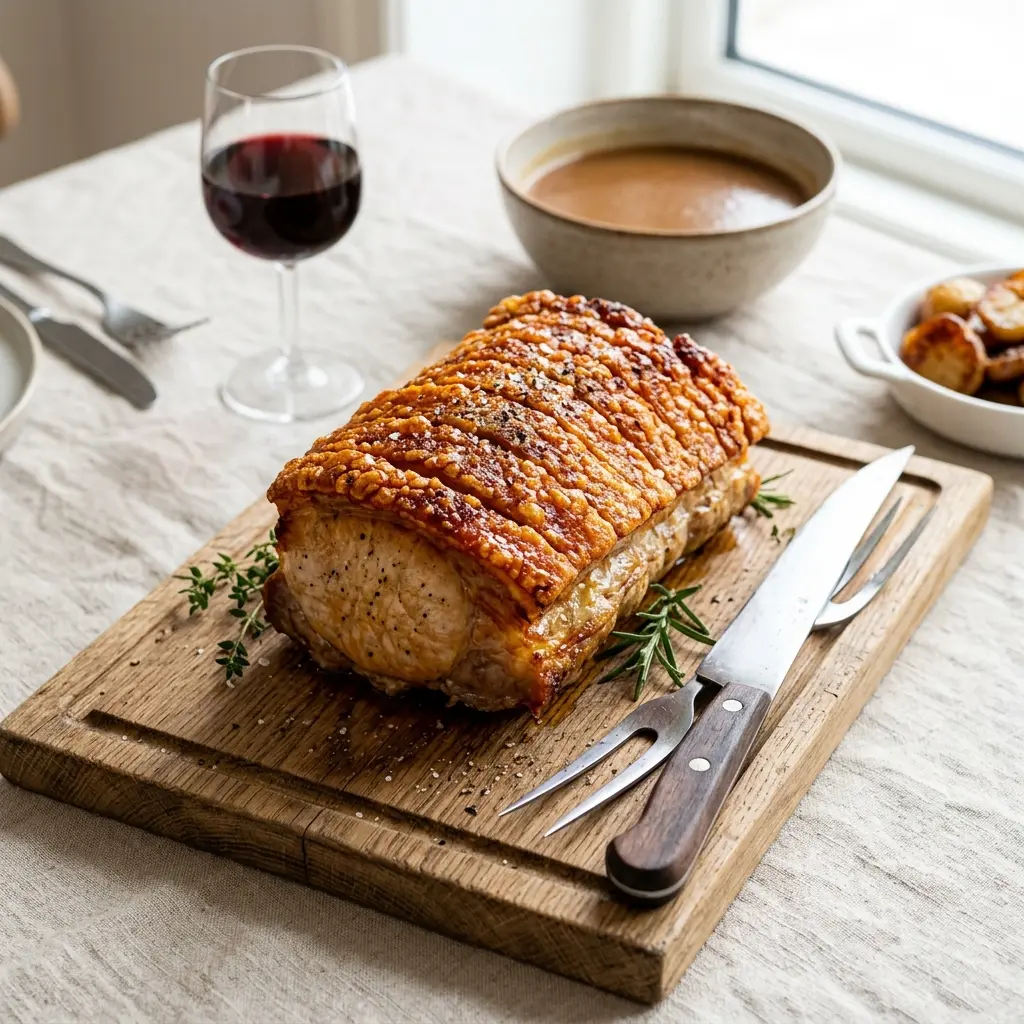 Ett glas fläskstek i ugn serverat kallt och fräscht med enkel garnering