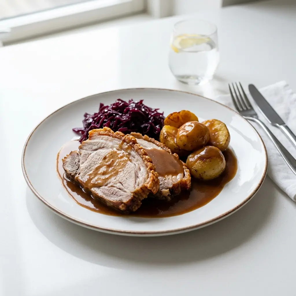 Ett glas fläskstek med brun sås serverat kallt och fräscht med enkel garnering