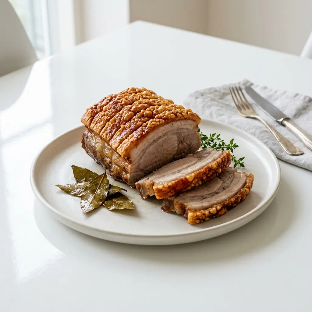 Ett glas fläskstek med krispig svål serverat kallt och fräscht med enkel garnering