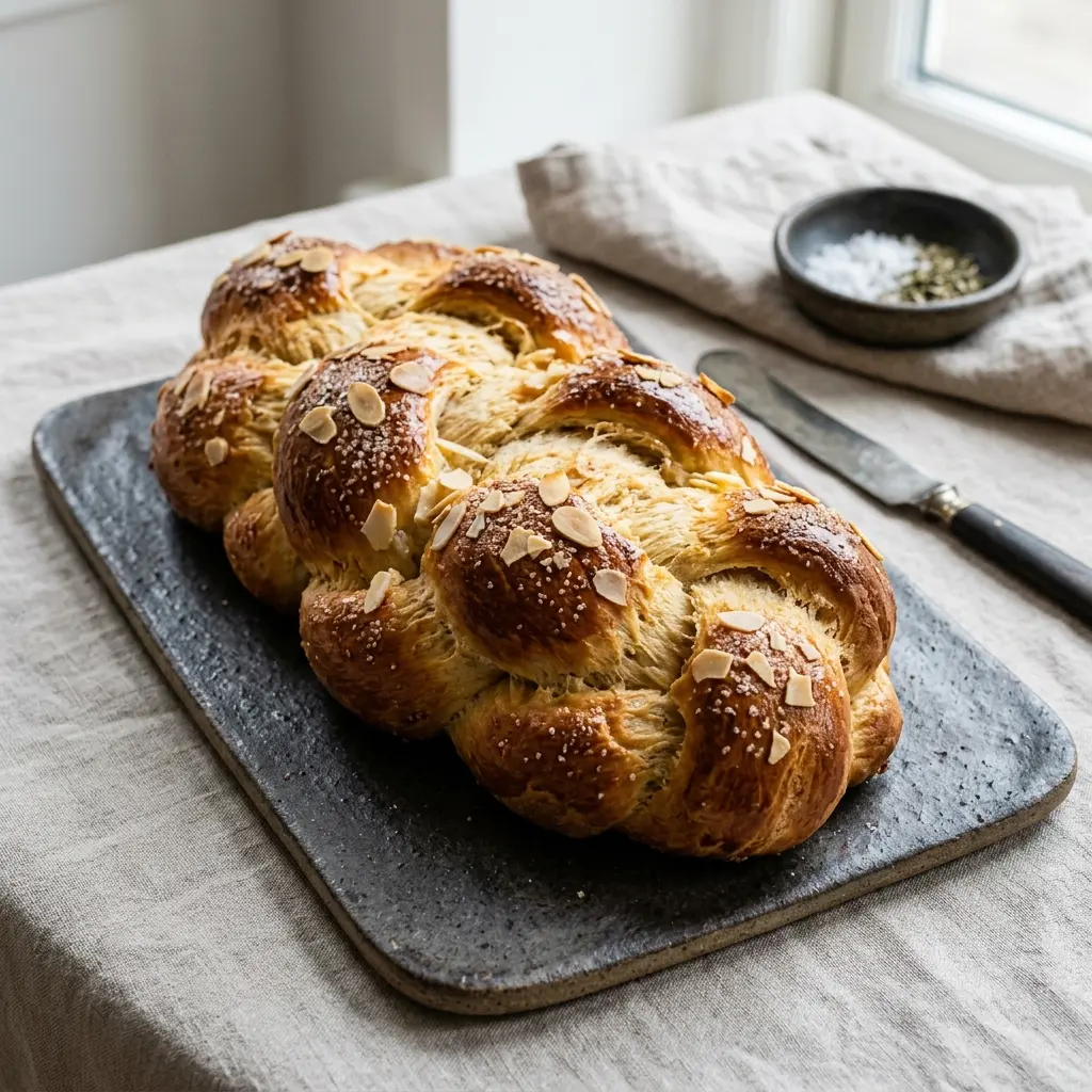 Nybakad flätat bröd serverad och klar att njuta av