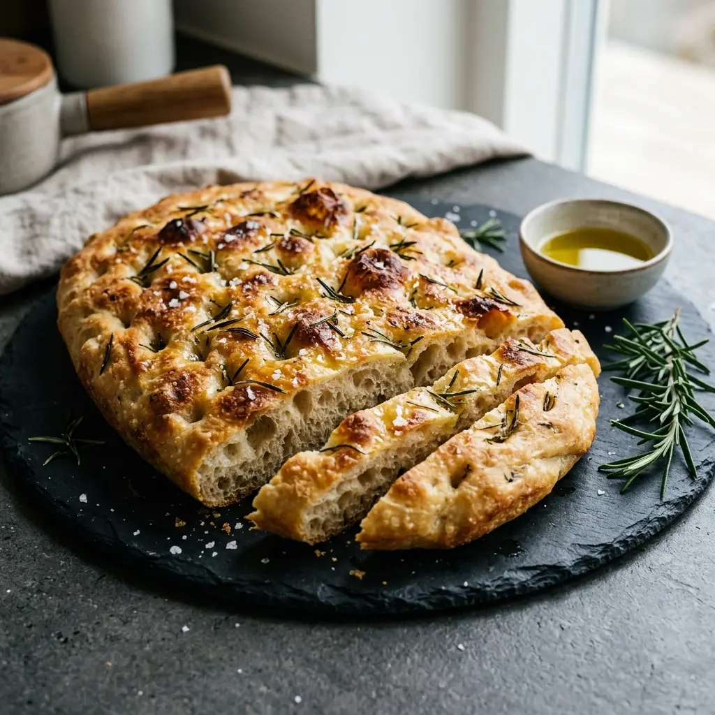 Nybakad focaccia med rosmarin serverad och klar att njuta av