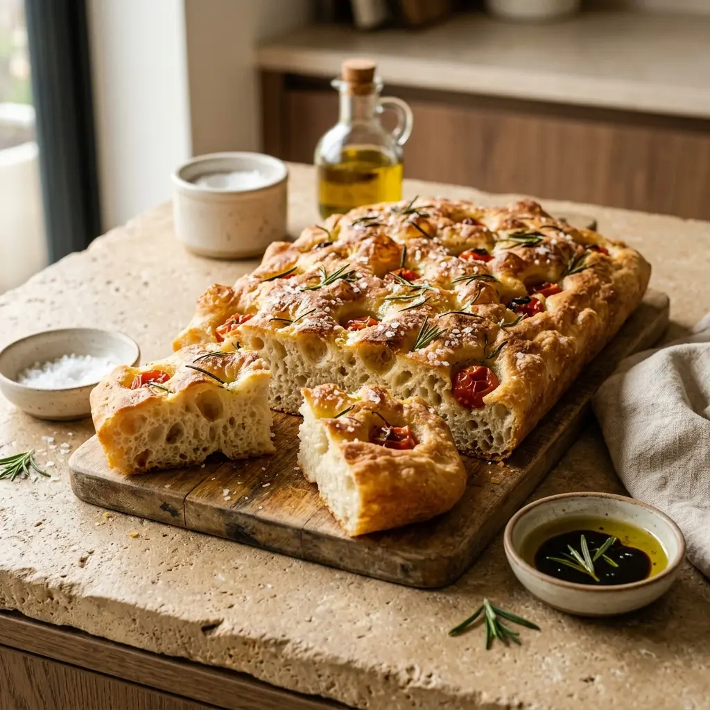 Nybakad focaccia serverad och klar att njuta av