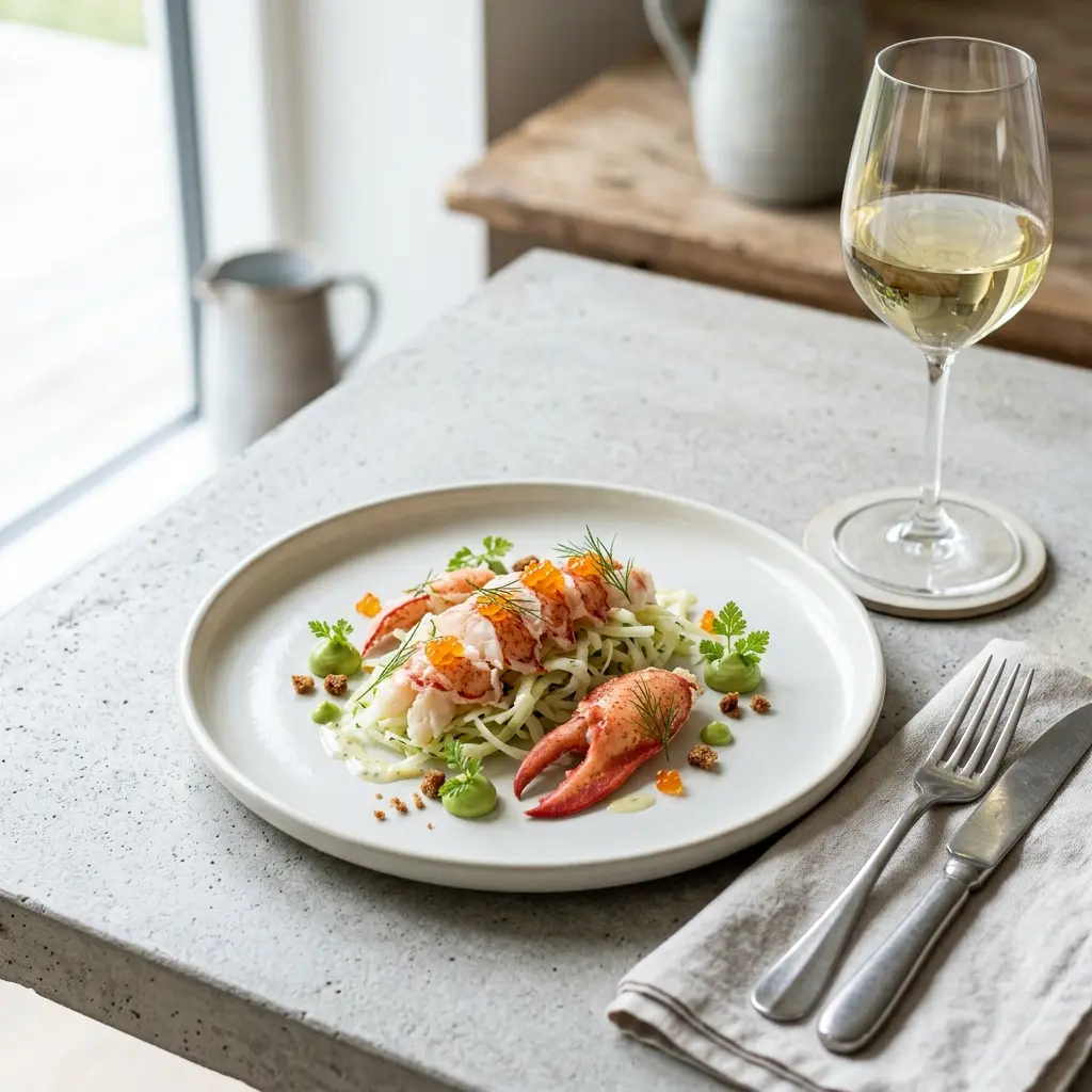 Nylagad förrätt med hummer serverad på ett aptitligt och hemlagat sätt