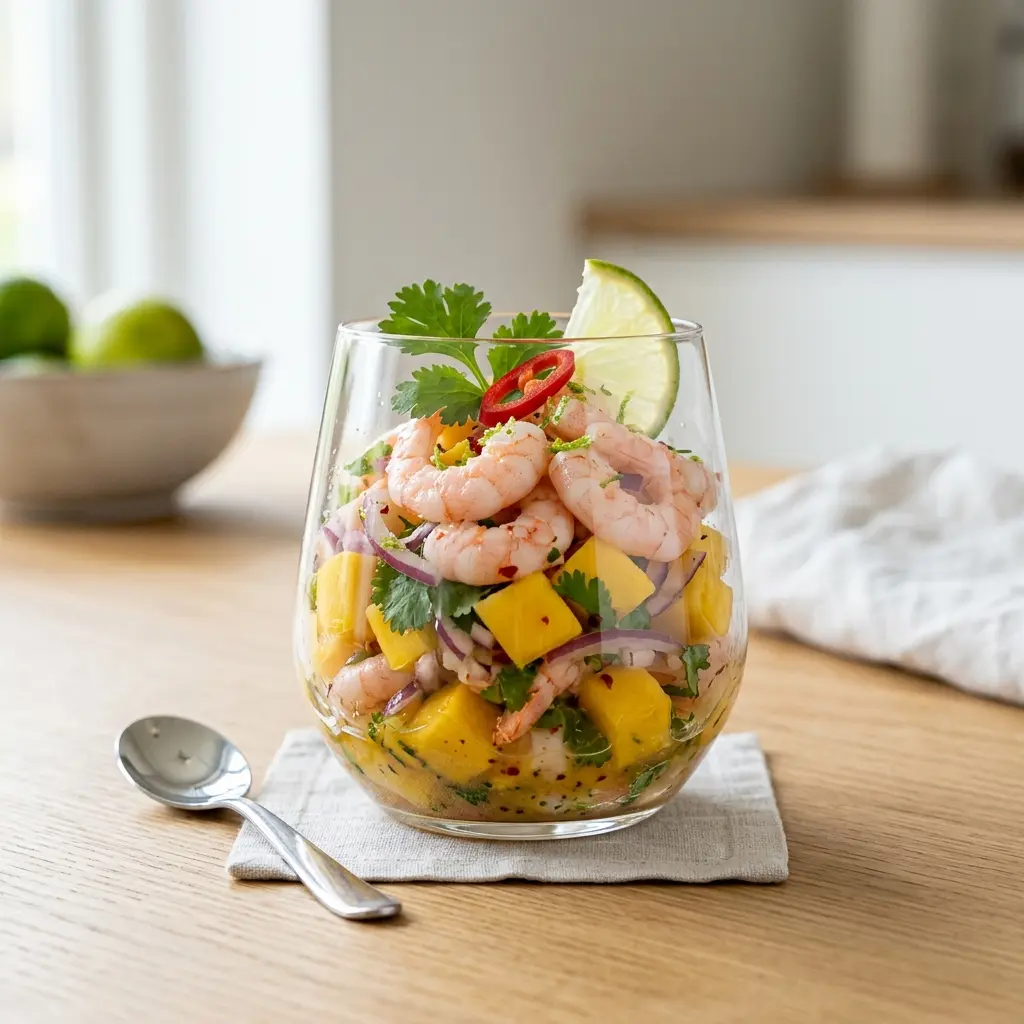 Nylagad förrätt med räkor och mango serverad på ett aptitligt och hemlagat sätt