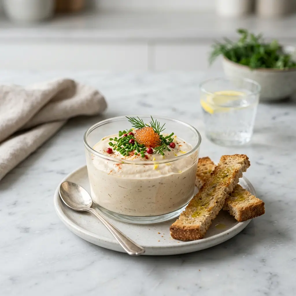 Hemlagad förrätt med tonfiskmousse serverad som en söt och inbjudande dessert
