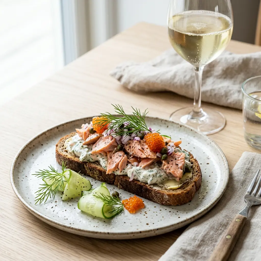 Nylagad förrätt med varmrökt lax serverad på ett aptitligt och hemlagat sätt