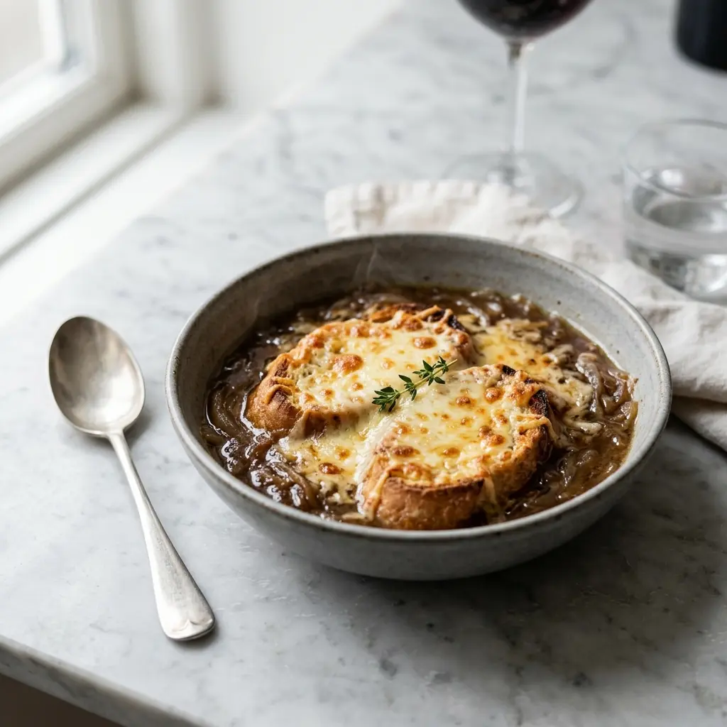En varm skål fransk löksoppa serverad med ett inbjudande och hemlagat uttryck