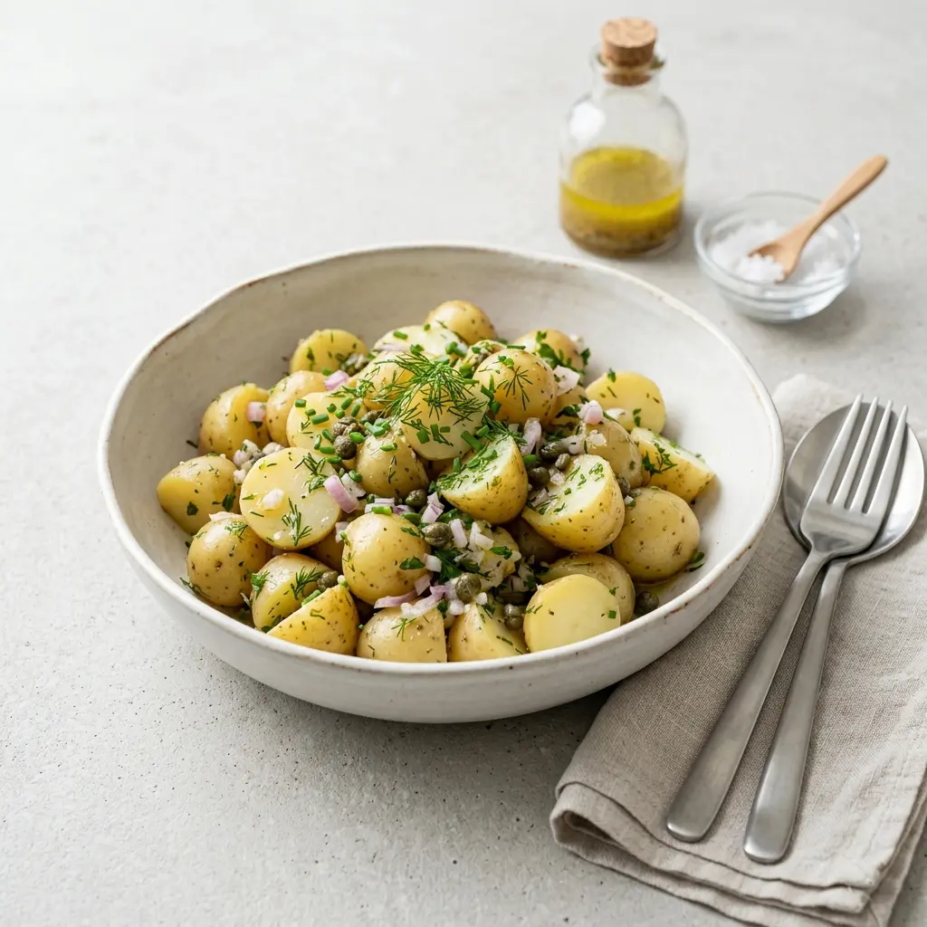 En fräsch portion fransk potatissallad med färska råvaror och fin servering