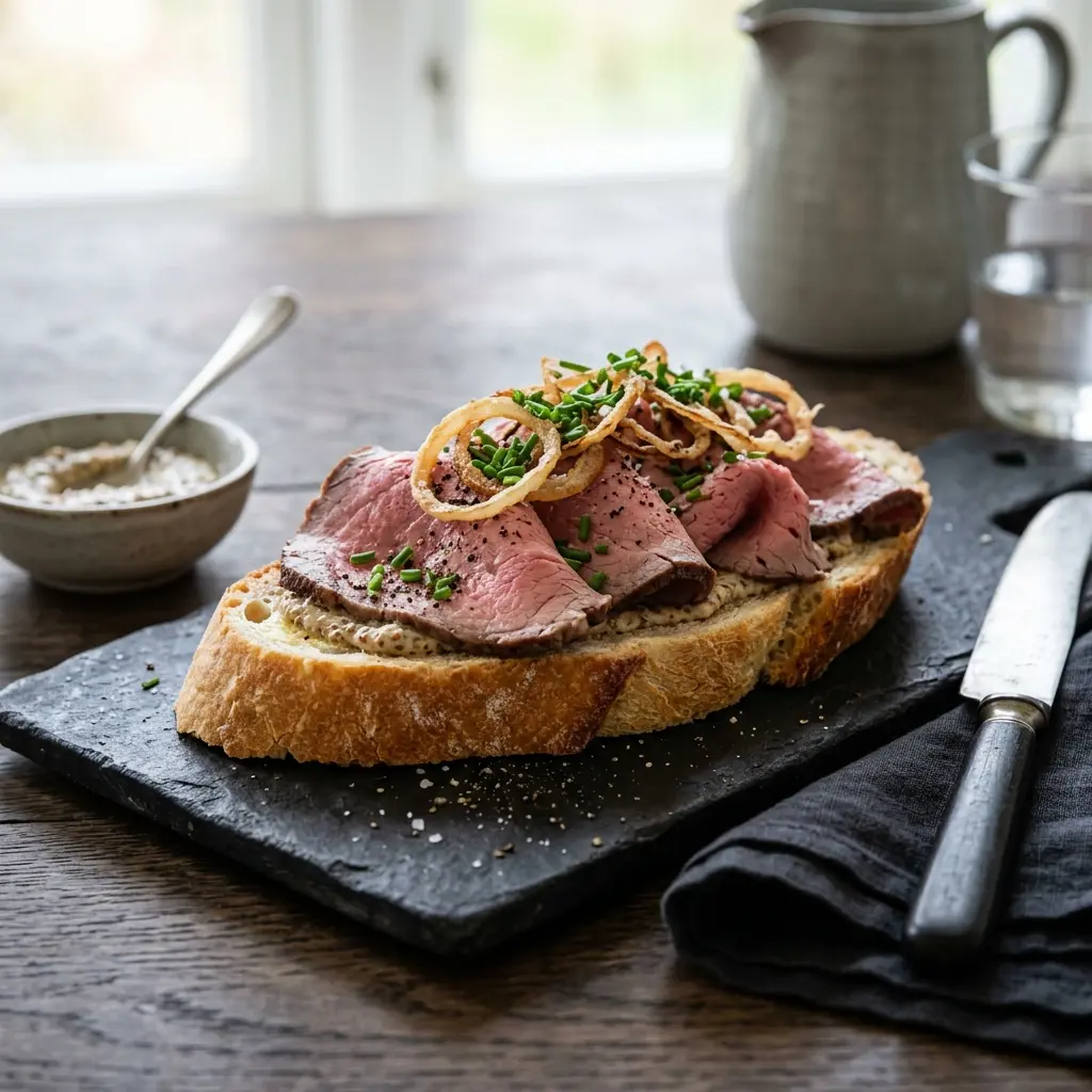 Nybakad franskbröd med rostbiff serverad och klar att njuta av