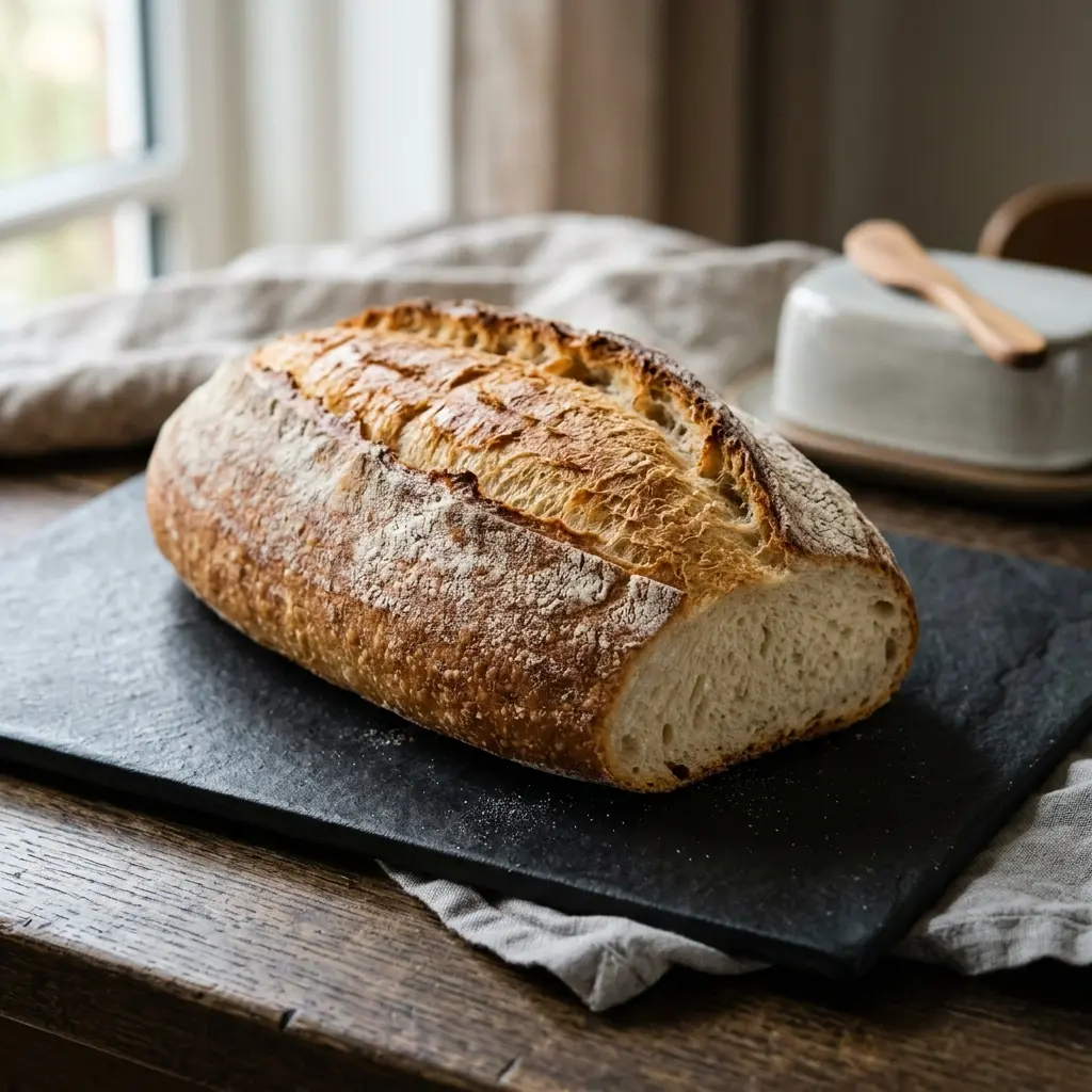 Nybakad franskbröd serverad och klar att njuta av