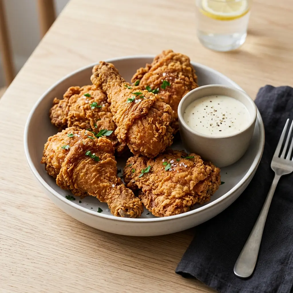Nylagad fried chicken serverad på ett aptitligt och hemlagat sätt