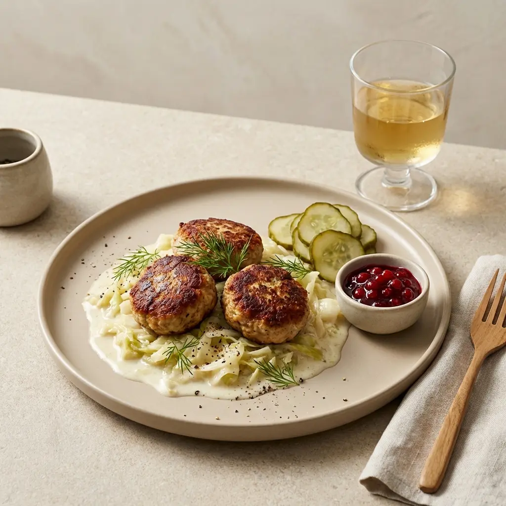 Nylagad frikadeller med stuvad spetskål serverad på ett aptitligt och hemlagat sätt