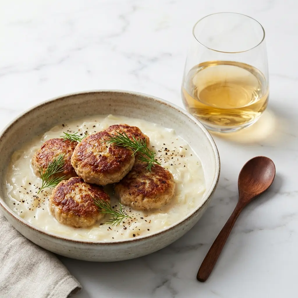 Nylagad frikadeller med stuvad vitkål serverad på ett aptitligt och hemlagat sätt