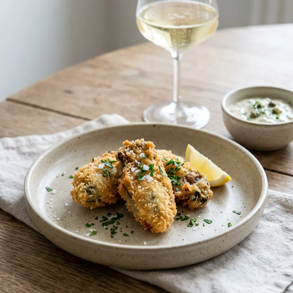 Ett glas friterade ostron serverat kallt och fräscht med enkel garnering