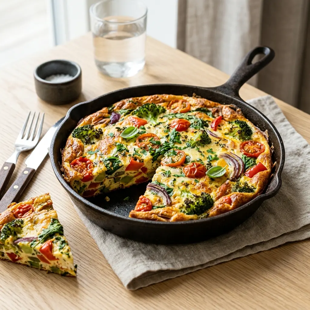 Nylagad frittata med grönsaker serverad på ett aptitligt och hemlagat sätt